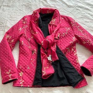 100% Silk reversible front zip jacket black and hot pink  matching scarf